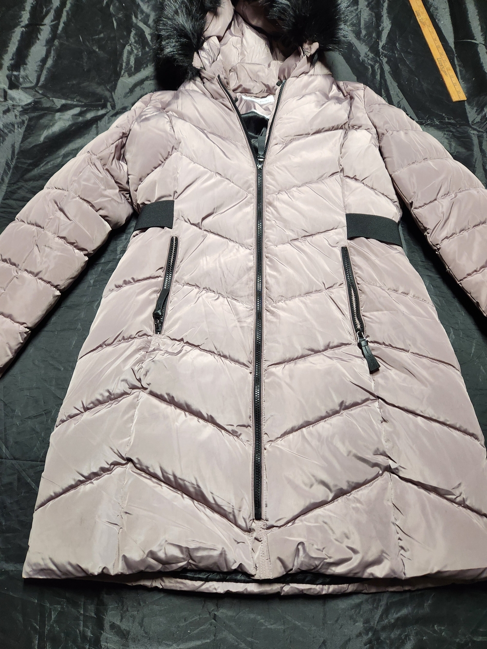 Calvin Klein Mauve Quilted Long Puffer Coat with Faux Fur Hood